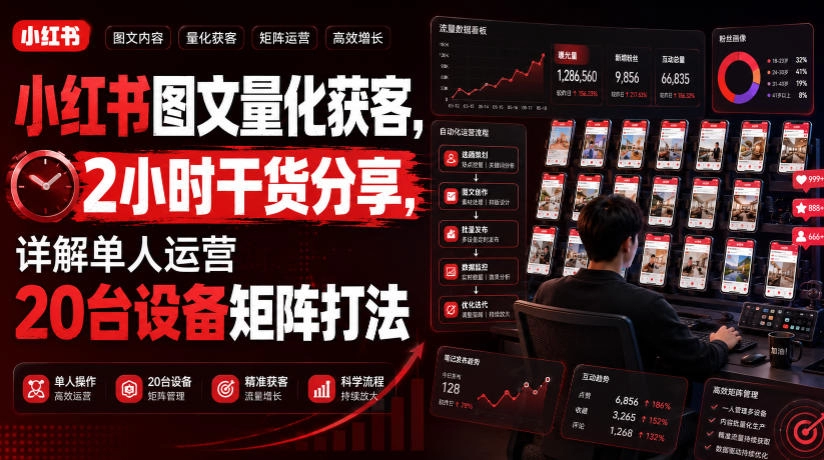 小红书图文量化获客，单人20台设备矩阵，2小时干货全拆解-猴哥资源站