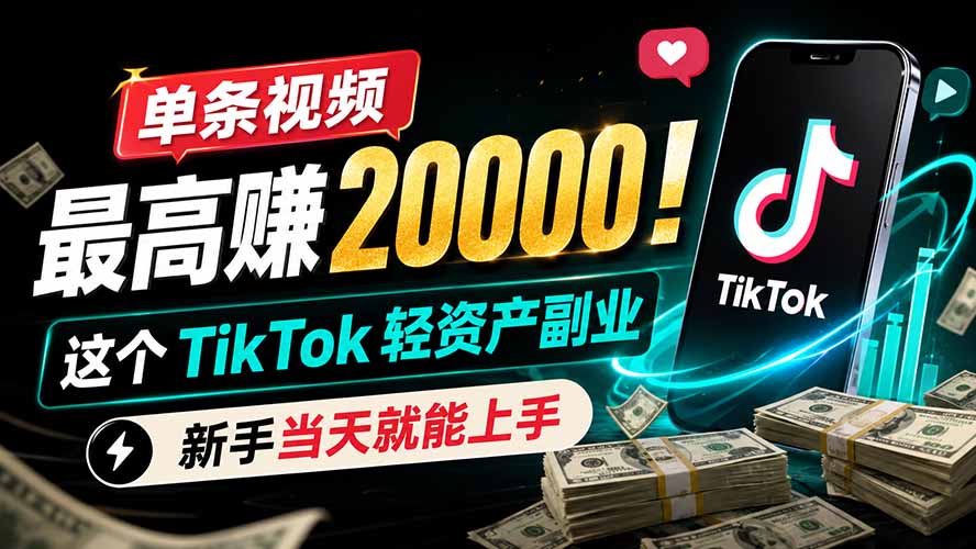 TikTok海外拉新：单条视频赚20000，新手当天上手轻资产赚美金-猴哥资源站