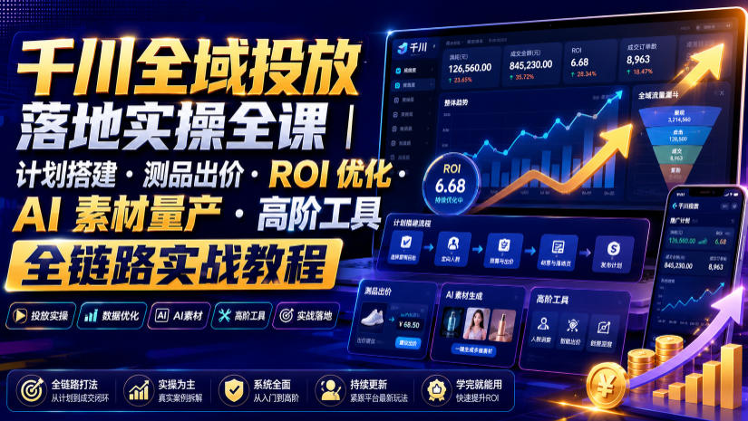 千川全域投放落地实操全课，计划搭建+测品出价+ROI优化+AI素材量产+高阶工具实战-猴哥资源站