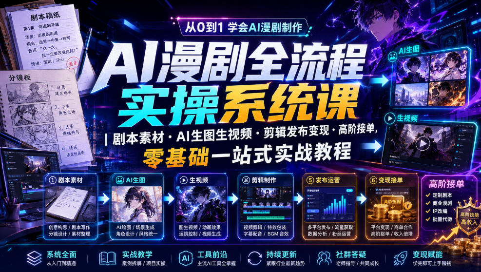 AI漫剧全流程实操：剧本·生图生视频·剪辑发布·接单变现一站式教学-猴哥资源站