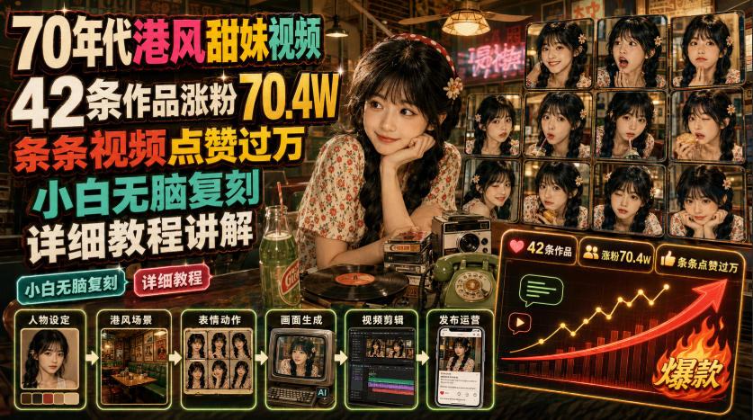 70年代港风甜妹视频：42条涨粉70W，条条过万点赞，小白无脑复刻-猴哥资源站