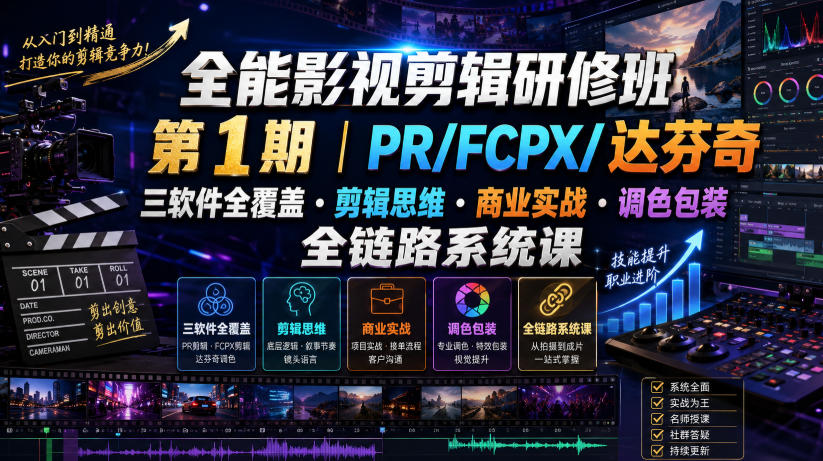 全能影视剪辑研修：PR/FCPX/达芬奇全链路，剪辑思维×商业实战×调色包装系统课-猴哥资源站