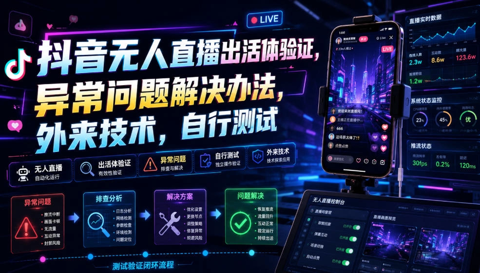 抖音无人直播出活体验证攻略，异常问题破解技术方案-猴哥资源站