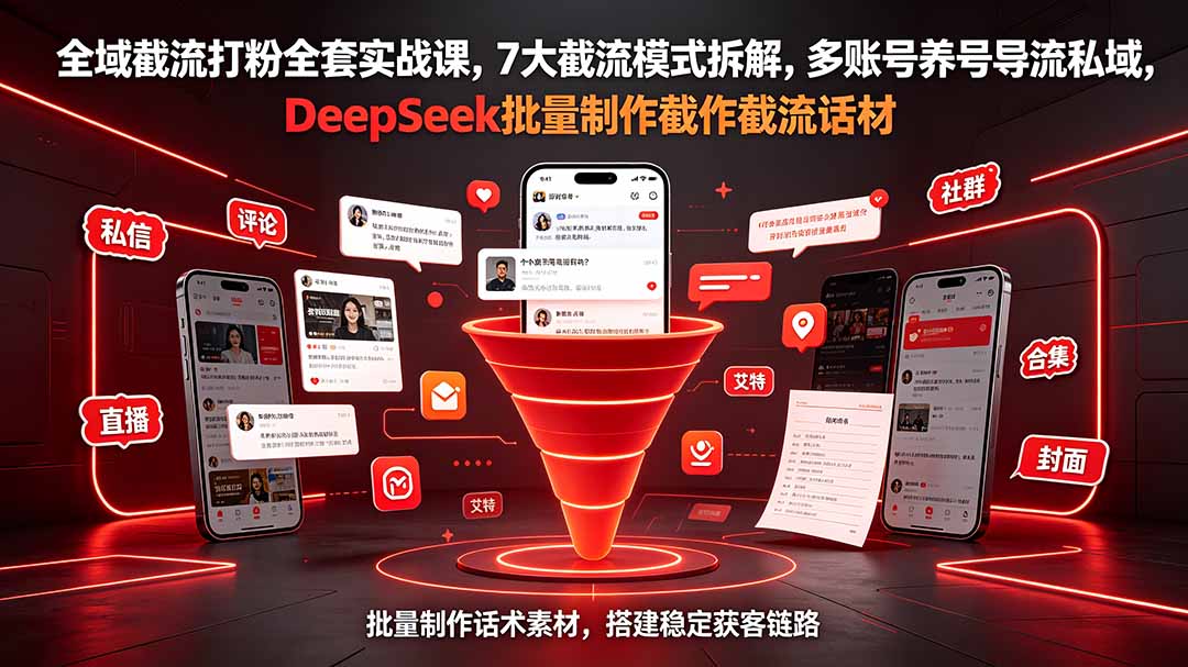 全域截流打粉实战，7大模式+多账号矩阵，DeepSeek批量生成话术，私域稳定获客-猴哥资源站