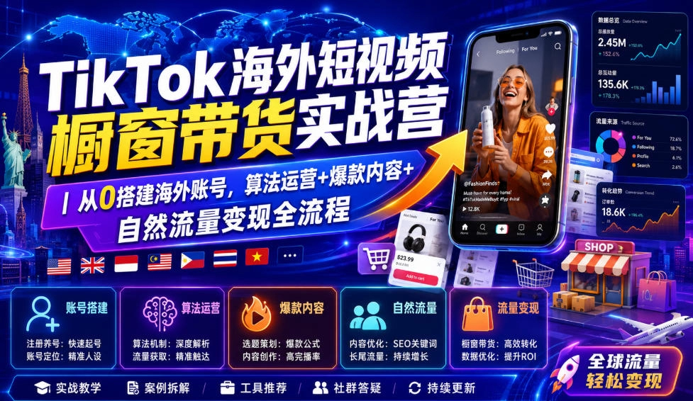 TikTok海外橱窗带货实战，从0搭建账号，自然流量变现全流程-猴哥资源站
