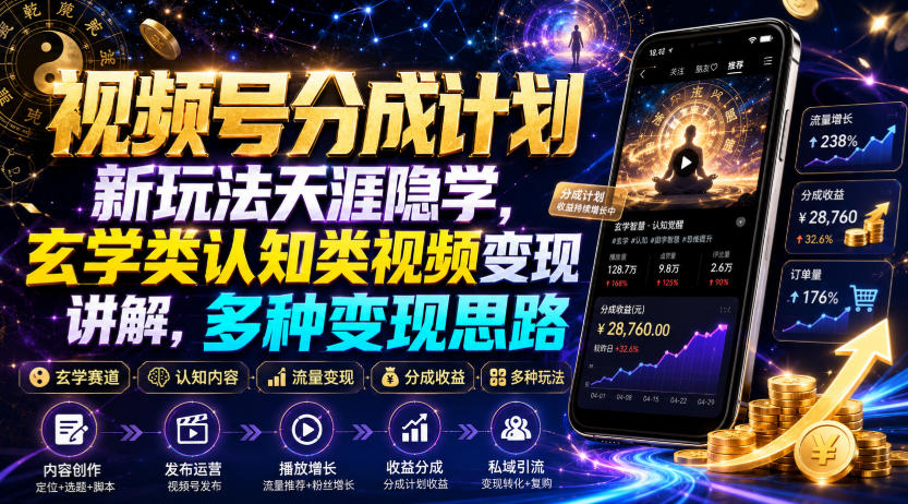 视频号分成计划新玩法拆解，天涯隐学玄学认知类视频变现多种思路-猴哥资源站