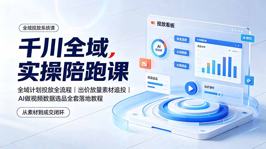千川全域实操陪跑课，全域投放全流程+出价放量素材追投+AI做视频数据选品落地-猴哥资源站