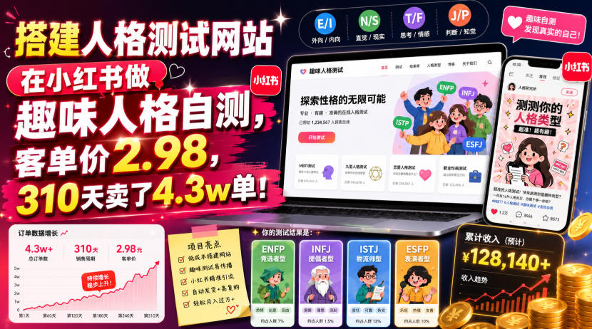 人格自测网站+小红书引流，客单价2.98元310天4.3w单的轻资产副业拆解-猴哥资源站