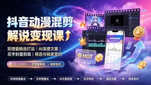 抖音动漫混剪解说变现课：双增量精选打法+AI深度文案+花字封面剪辑，精选与独家签约日入1000+-猴哥资源站