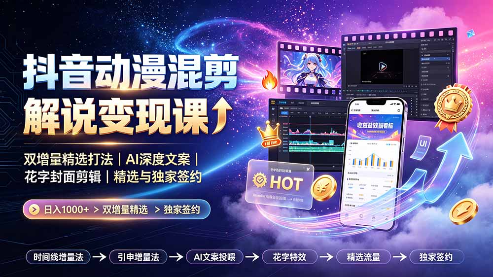 抖音动漫混剪解说变现课：双增量精选打法+AI深度文案+花字封面剪辑，精选与独家签约日入1000+-猴哥资源站