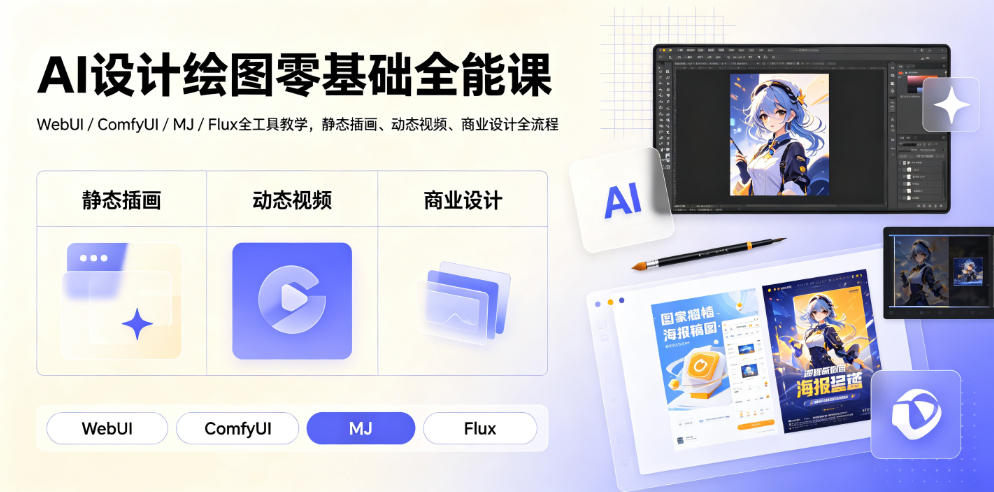 AI设计绘图零基础全能课，WebUI/ComfyUI/MJ/Flux全工具教学，静态插画+动态视频+商业设计全流程-猴哥资源站