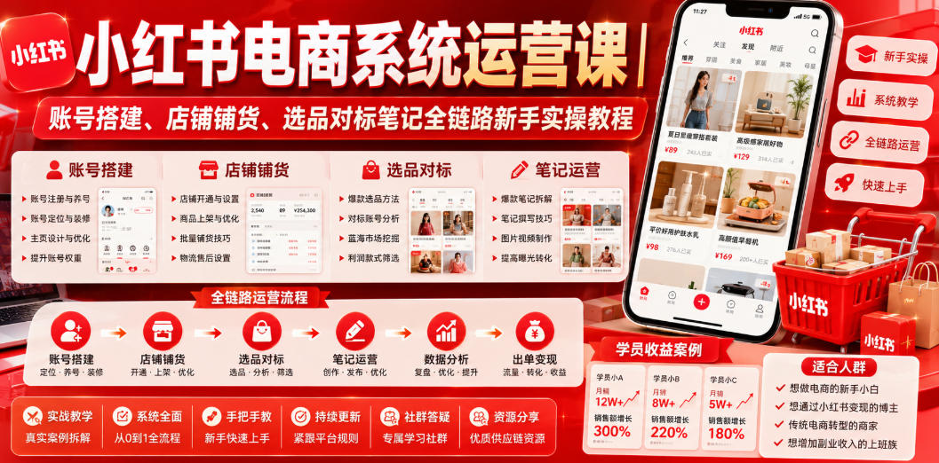 小红书电商系统运营课｜全链路新手实操，账号店铺选品种草笔记一站式起店-猴哥资源站