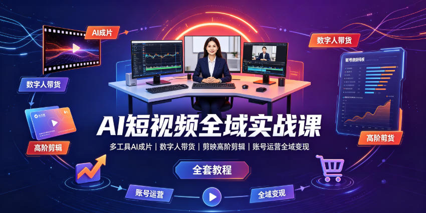 AI短视频全域实战，多工具AI成片+数字人带货+剪映高阶剪辑+账号运营全域变现全套落地-猴哥资源站