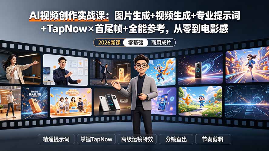 AI视频创作实战课，图片生成+视频生成+专业提示词+TapNow+首尾帧+全能参考从零到电影感-猴哥资源站