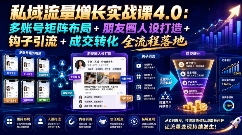 私域流量增长实战课4.0，矩阵布局+人设打造+钩子引流+成交全流程-猴哥资源站