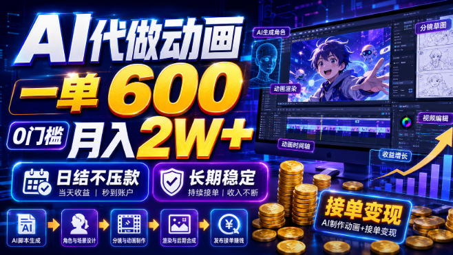 AI代做动画：一单600日结不压款，0门槛月入2W+长期稳定-猴哥资源站