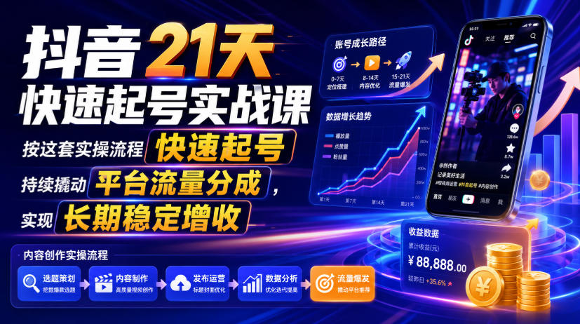 抖音21天快速起号实战：从0到百万流量，撬动平台长期收益分成-猴哥资源站