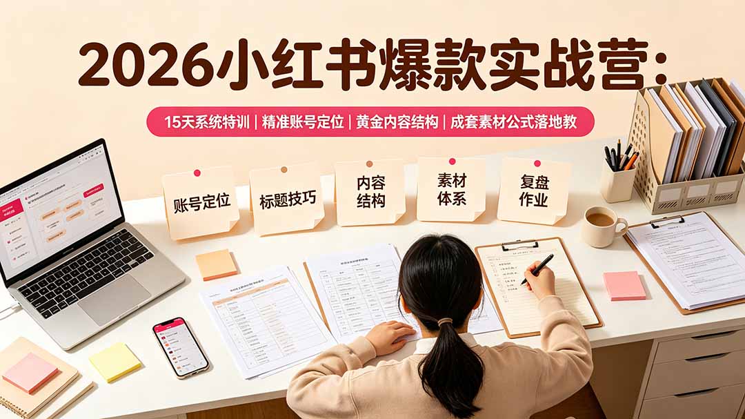 2026小红书爆款实战营，15天特训精准账号定位+黄金内容结构+素材公式落地-猴哥资源站