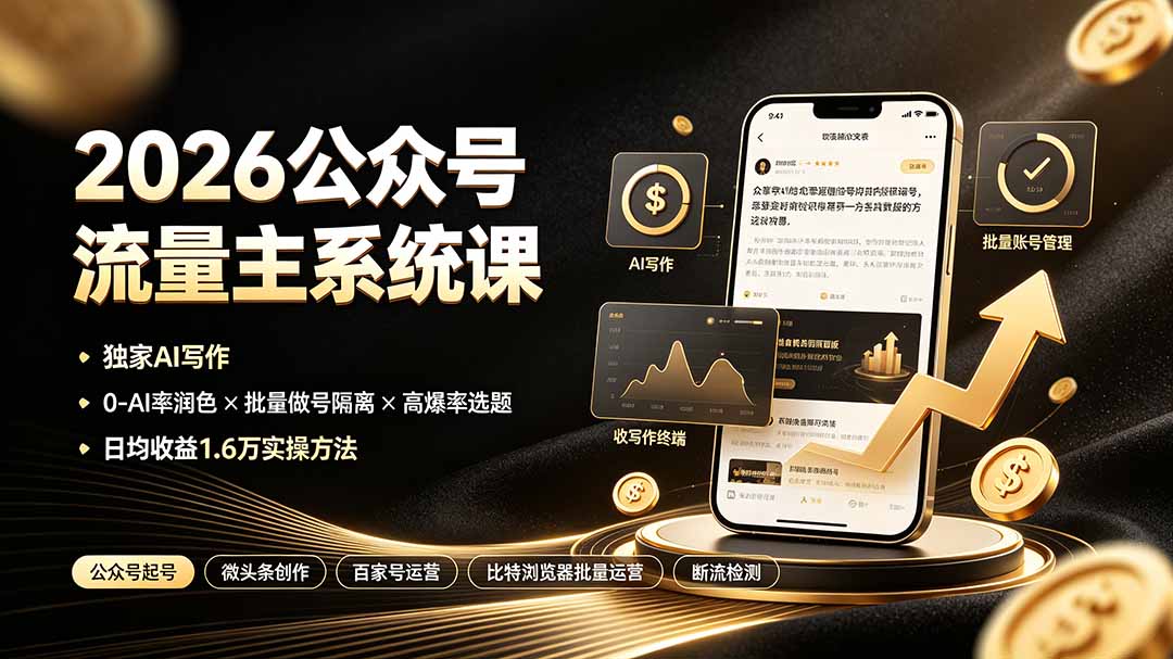 2026公众号流量主系统课，独家AI写作+0AI率润色+批量做号隔离+高爆率选题日入1.6w-猴哥资源站