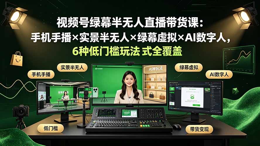 视频号绿幕半无人直播，手机手播+实景+绿幕+AI数字人6种低门槛玩法-猴哥资源站