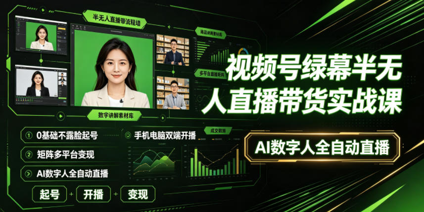 视频号绿幕半无人直播，0基础不露脸起号+手机电脑双端+AI数字人全自动-猴哥资源站