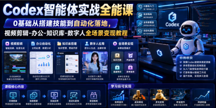 Codex智能体实战全能课，0基础搭建技能到自动化落地，视频剪辑+办公+知识库+数字人全场景变现-猴哥资源站