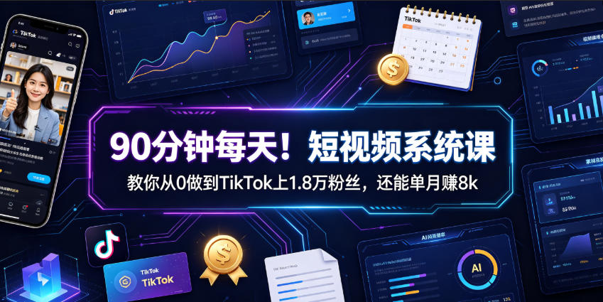 90分钟/天短视频系统课，从0做到1.8万粉单月赚8000美元实战拆解-猴哥资源站