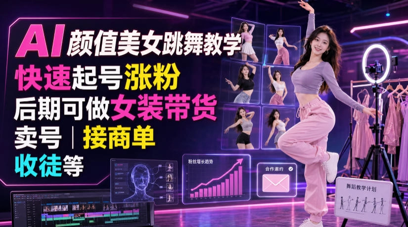AI颜值美女跳舞教学，快速起号涨粉，带货卖号收徒多维度变现-猴哥资源站
