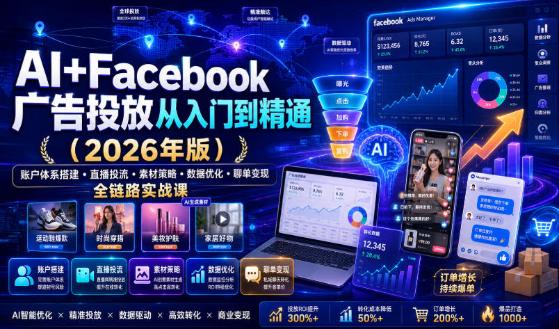 AI+Facebook广告2026：从入门到精通，账户×直播×聊单×AI赋能-猴哥资源站