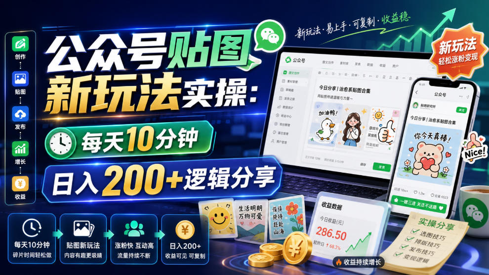 公众号贴图新玩法实操拆解，每天10分钟日入200+的流量主逻辑-猴哥资源站