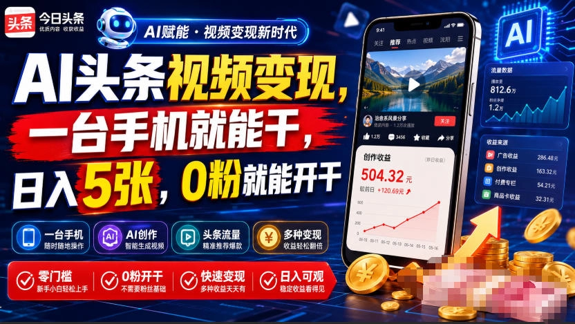 AI头条视频变现：一台手机日入5张，0粉开干-猴哥资源站