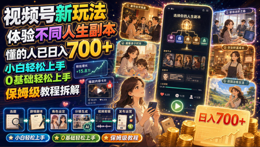 视频号新玩法：沉浸式人生剧情，不用出镜日入700+，小白保姆级教程-猴哥资源站