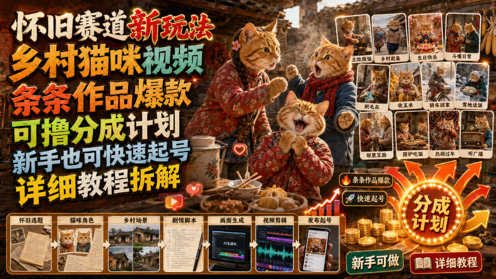 乡村猫咪视频：怀旧赛道新玩法，条条爆款快速起号-猴哥资源站