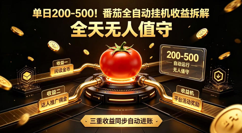 番茄全自动挂机收益拆解，单日200-500全天无人值守，矩阵操作收益翻倍-猴哥资源站