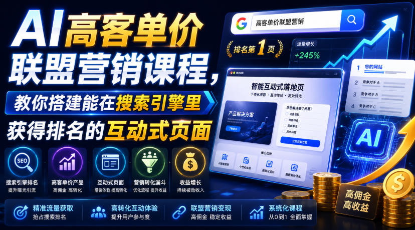 AI高客单价联盟营销课程，搭建互动式SEO页面高佣金成交每单500-10000美元-猴哥资源站
