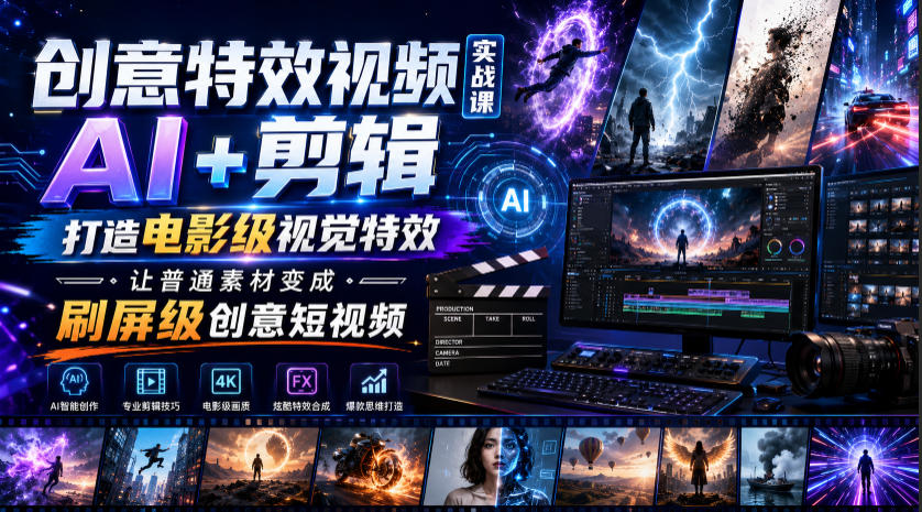创意特效视频实战课，AI+剪辑打造电影级视觉特效引爆短视频流量-猴哥资源站