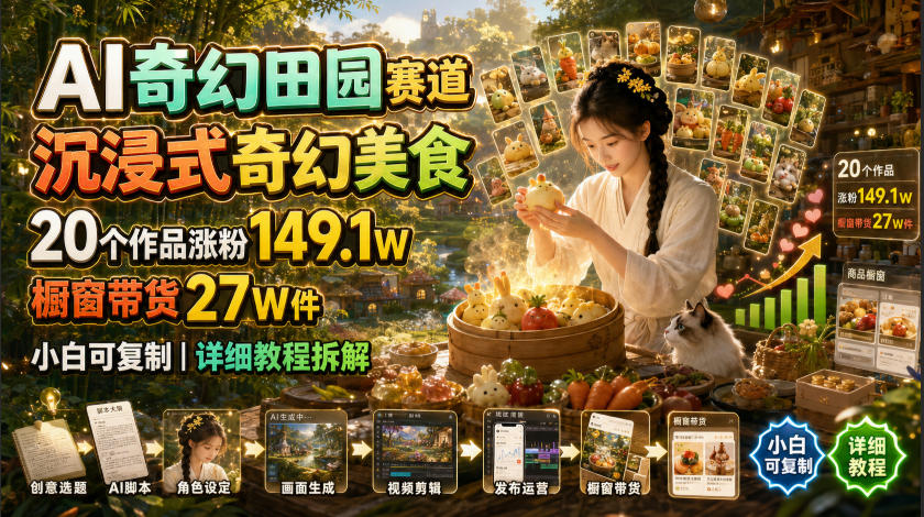 AI奇幻田园美食：20条作品涨粉149W，橱窗带货27W件，小白可复制-猴哥资源站