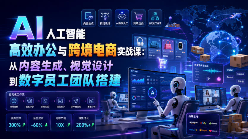 AI高效办公与跨境电商实战，内容生成+视觉设计+数字员工团队搭建-猴哥资源站