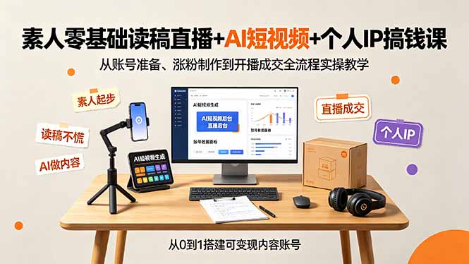 素人零基础读稿直播+AI短视频+个人IP搞钱课，账号准备到开播成交全流程落地-猴哥资源站