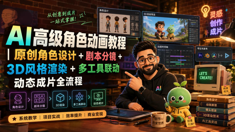 AI高级角色动画教程，原创设计+剧本分镜+3D渲染+多工具联动全流程-猴哥资源站