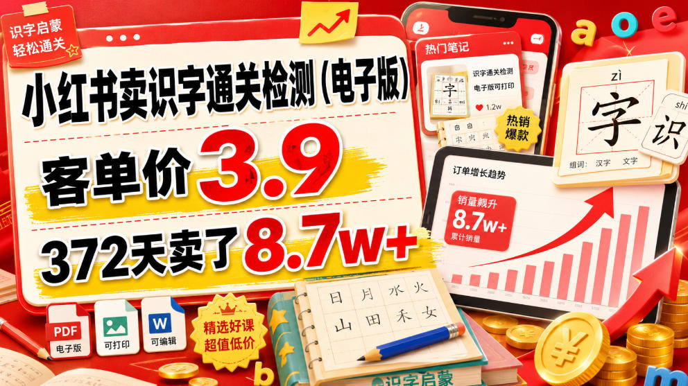 小红书识字通关检测电子版，客单价3.9，372天卖了8.7w+-猴哥资源站