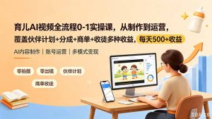 育儿AI视频全流程0-1实操，不用拍摄不用出镜，伙伴计划+分成+商单+收徒，日入500+-猴哥资源站