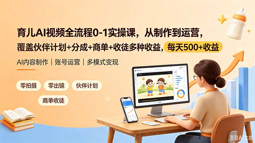 育儿AI视频全流程0-1实操，不用拍摄不用出镜，伙伴计划+分成+商单+收徒，日入500+-猴哥资源站
