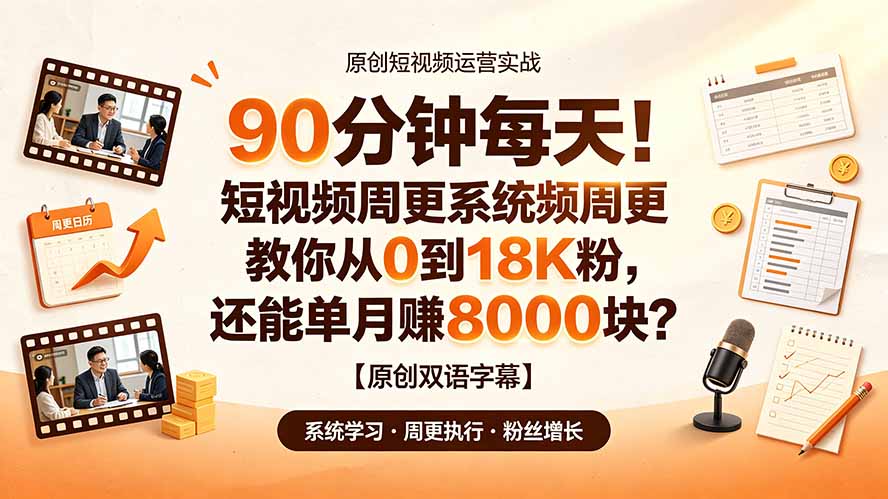 90分钟/天短视频周更系统，从0到1.8万粉单月赚8000美元实战拆解-猴哥资源站