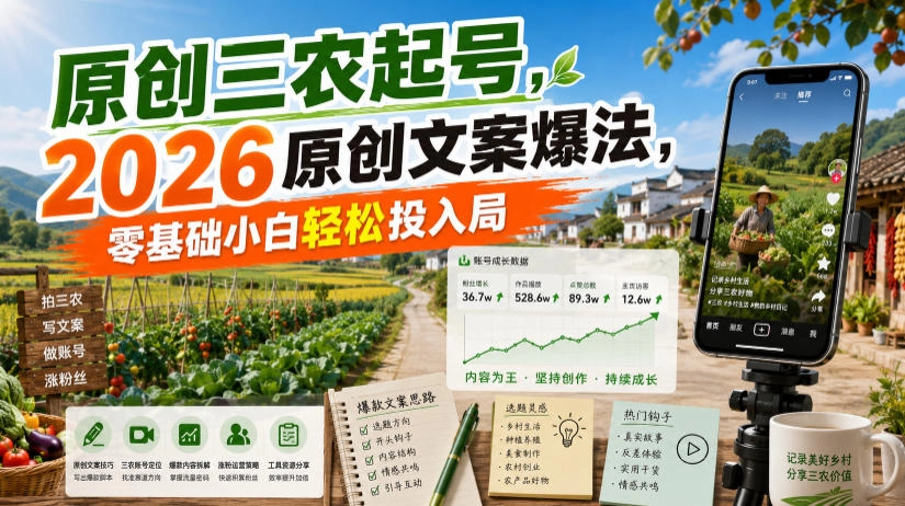 2026三农原创起号爆法，零基础文案拍摄轻松入局-猴哥资源站