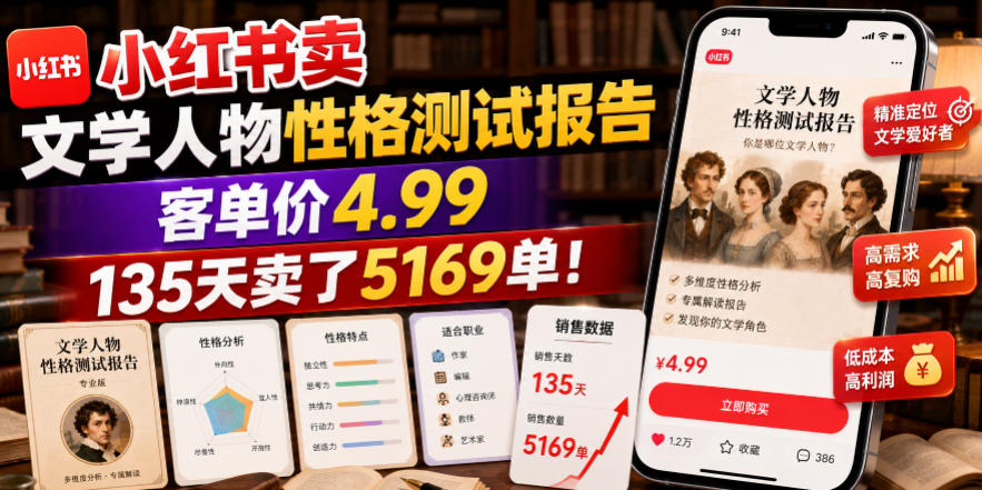小红书文学人物性格测试，客单价4.99，135天5169单低门槛虚拟变现-猴哥资源站