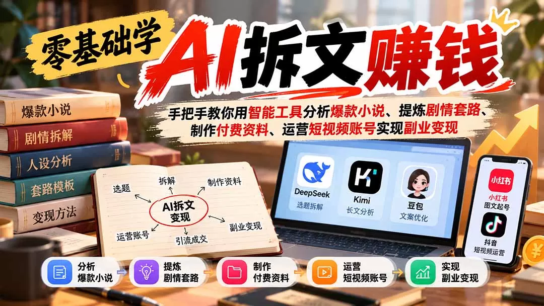 《AI拆文变现全攻略：零基础10天掌握爆款拆解，轻资产副业稳定出单》-猴哥资源站