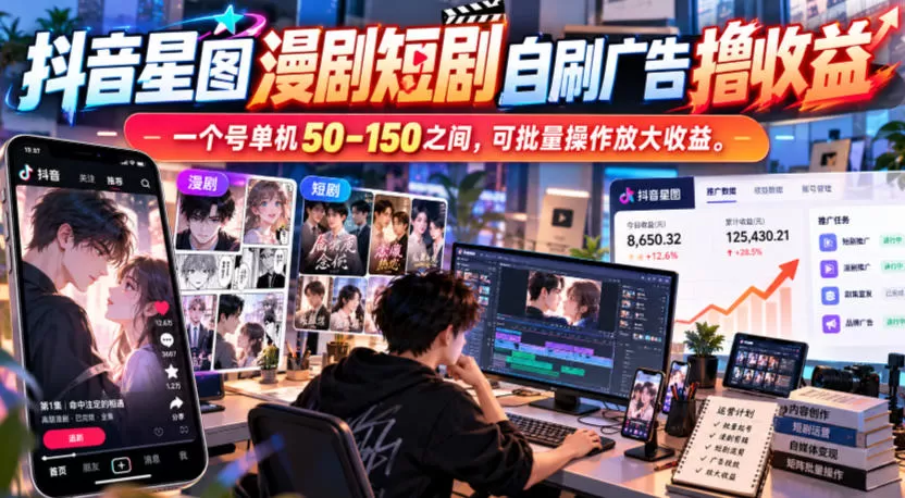 《抖音星图漫剧短剧自刷广告，单机日入50-150可矩阵放大》-猴哥资源站
