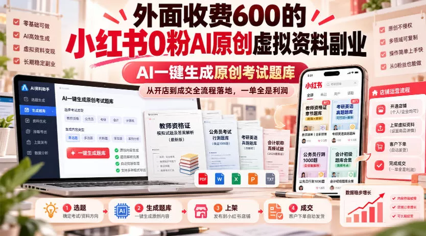 《AI批量出原创题库，小红书0粉开店卖虚拟资料，一单全是利润》-猴哥资源站