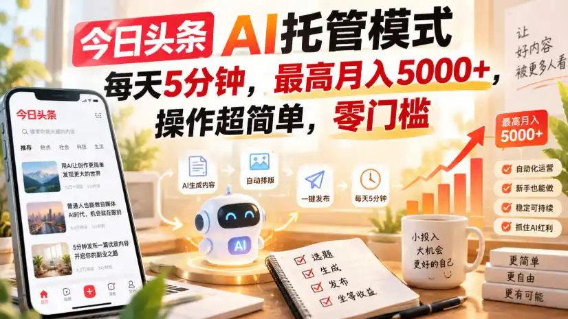 《今日头条AI托管模式，每天5分钟，零门槛月入5000+实战揭秘》-猴哥资源站